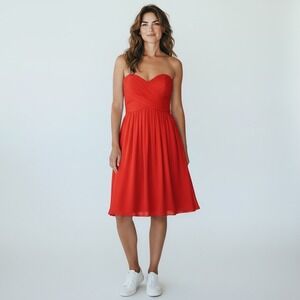 Badgley Mischka Red Strapless Chiffon Cocktail Dress Sz 0 Ruched Party Formal‎